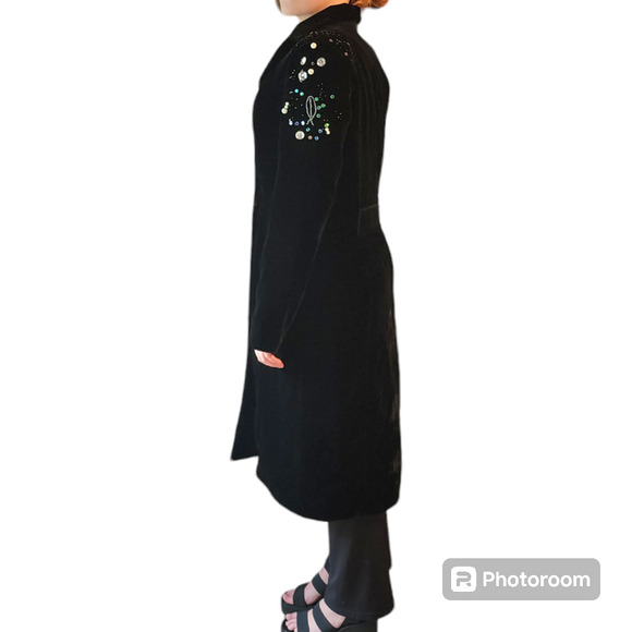Vintage Newport News Black Embellished Shoulders Velvet Button Duster Jacket 10 - Picture 2 of 10